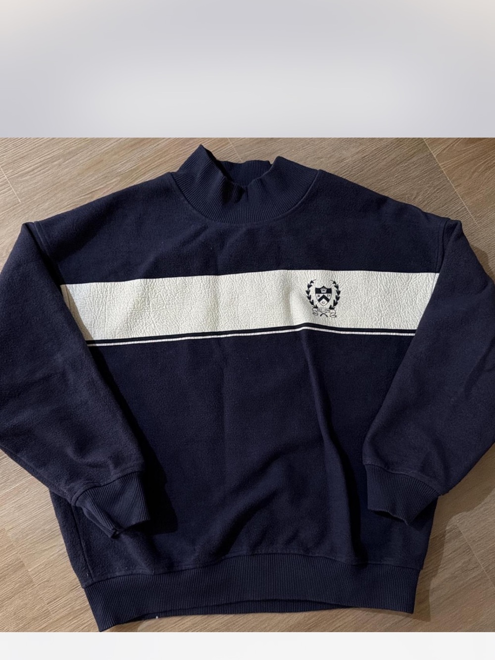 Urban Outfitters Navy Crewneck Sweater with White Chest Stripe and Crest